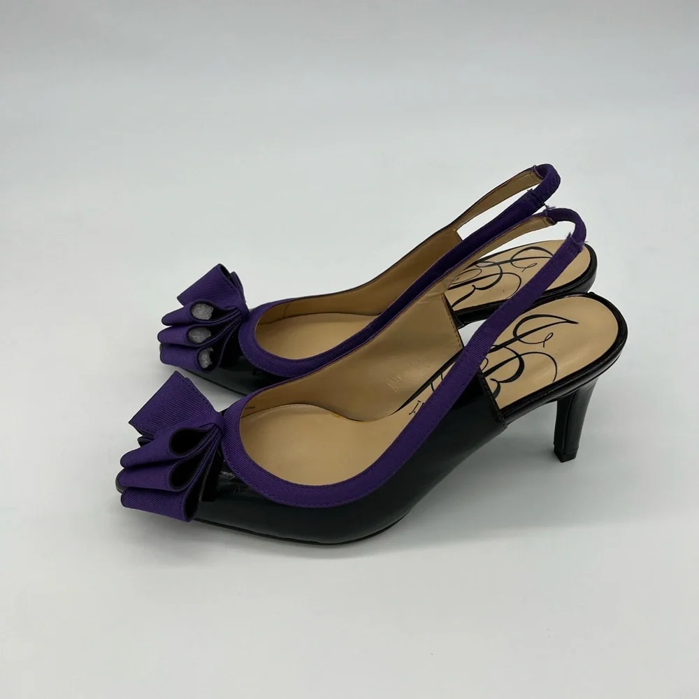 J Renee Marva Slingback Size 7 M Black Patent Leather Purple Bow - Picture 2 of 16
